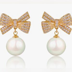Gold Tone Bow Clear Crystals Pearl Drop Earrings Posts Dangle New